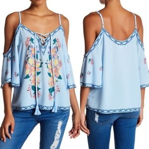 Flying Tomato Blue Lace-Up Cold-Shoulder Blouse L